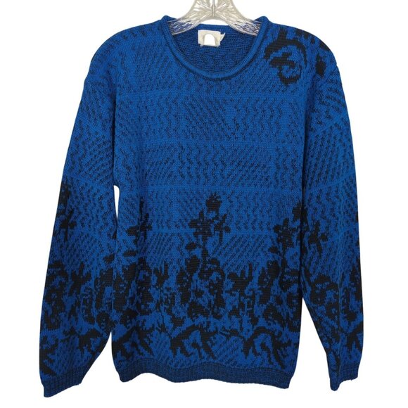 Vintage Tan F Jay‎ long sleeve Sweater Blue & Black abstract floral Pattern Sz M - Picture 1 of 14